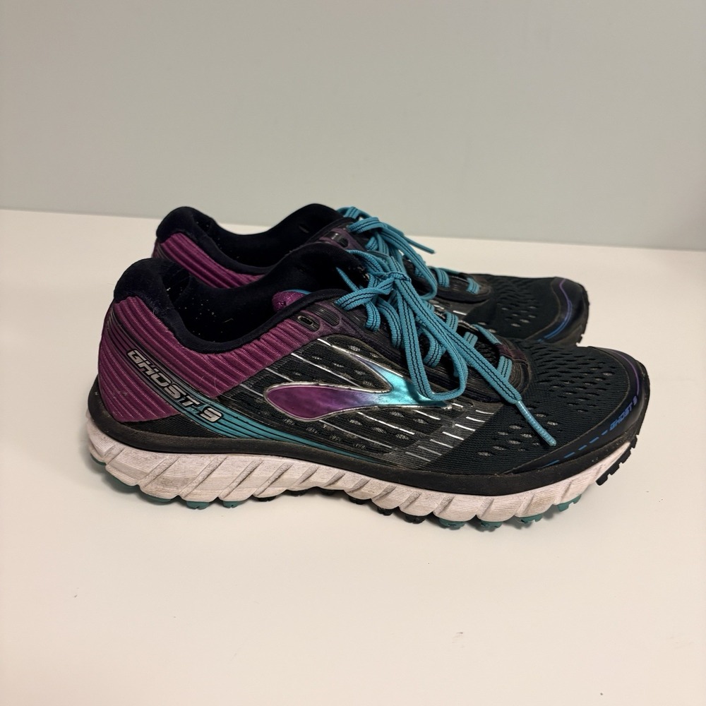Brooks Ghost 9 Womens Running Shoes 8.5 Black Purple Teal Mesh 1202251B092